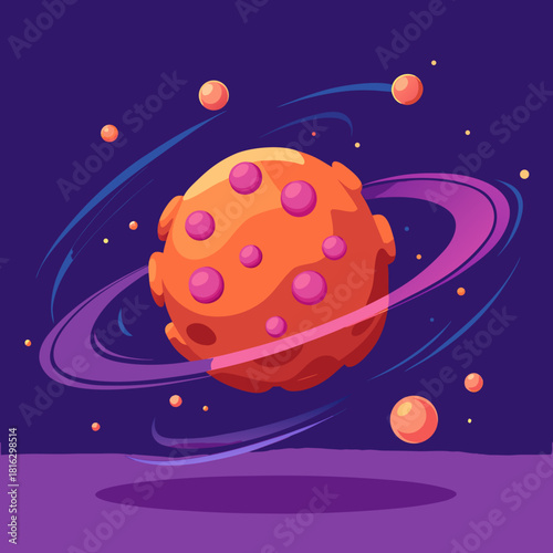 Cartoon orange planet with pink spots and purple rings in space
