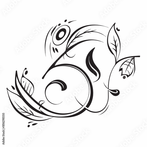 Elegant black and white floral number five design isolated on