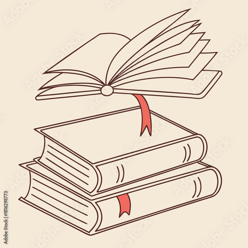 Outline drawing of open book floating above two closed books