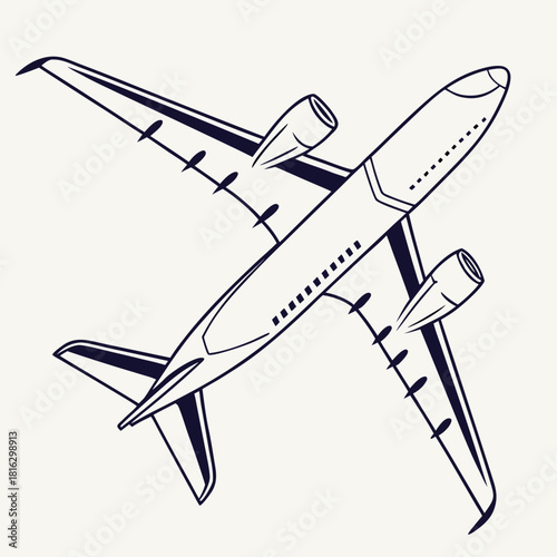 Simple line art illustration of a commercial passenger airplane in flight