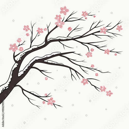 Stylized cherry blossom branch with pink flower bloom isolated on