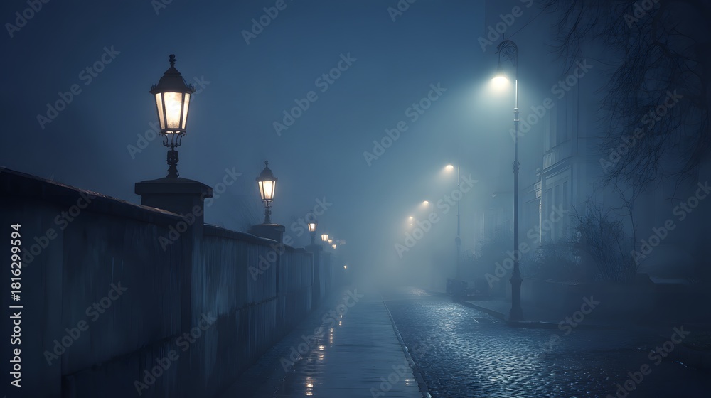 Fototapeta premium Atmospheric foggy evening on an old city street with vintage lanterns.