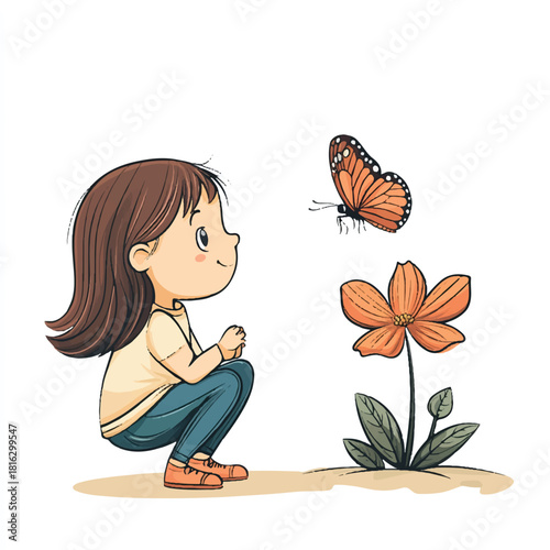 Girl observing butterfly near flower