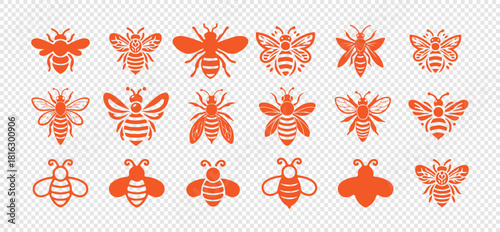 Set of honey bee vector icon collection, symbol of sweet honey and natural products
