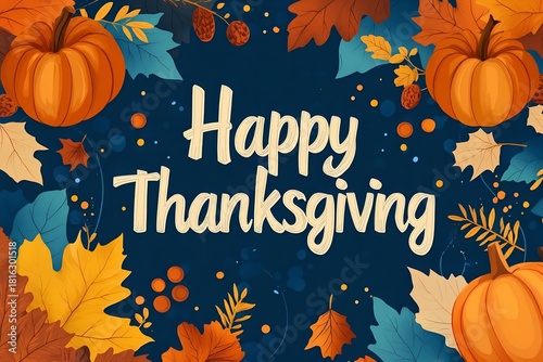 happy thanksgiving typography with autumn leaves and pumpkin motifs 