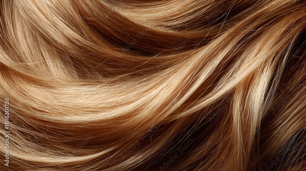 Fototapeta premium Beautiful wavy highlighted hair with blonde and brown tones creating a natural texture.
