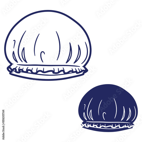 Illustrative shower caps depicted in outline and solid versions for bathroom hygiene concepts and protective headwear imagery