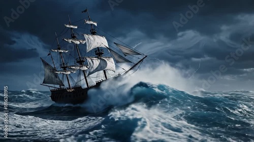 Ancient sailing ship battling a fierce storm at sea with lightning strikes.