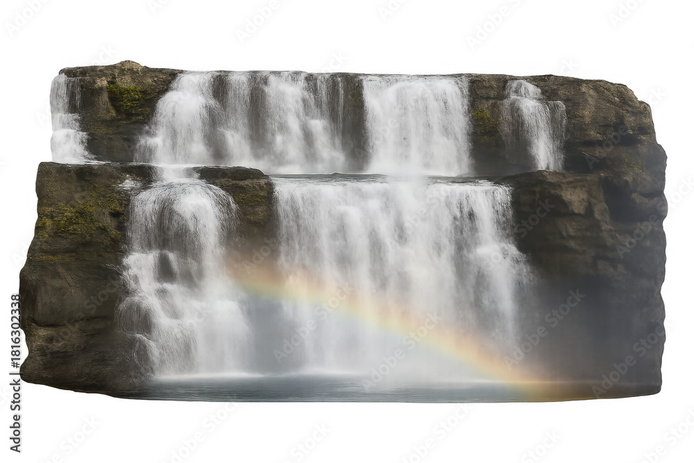 Naklejka premium Water cascading over tiered rocks with rainbow forming in mist, element with transparent background