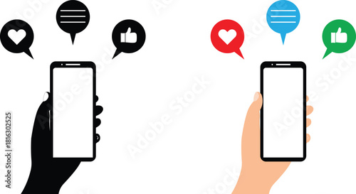Holding a mobile phone with different social icons, like message, thumbs up. Black and white, colorfull flat illustration design.