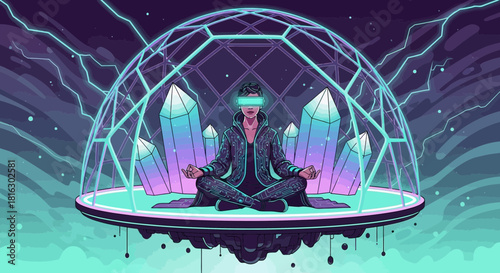 Meditative state in virtual reality with crystals and energy field illustration
