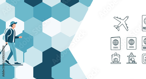 Modern travel background illustration with traveler and travel icons, promoting tourism and