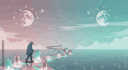 Mystical Journey: A Lone Figure Crafting a Crystal Path Under Celestial Guidance