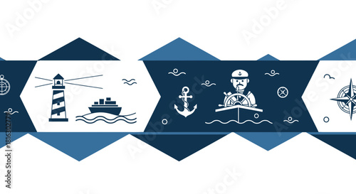 Nautical themed seamless border with geometric design featuring sailing elements