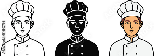 Set of chef outline, black silhouette and flat design on white background.