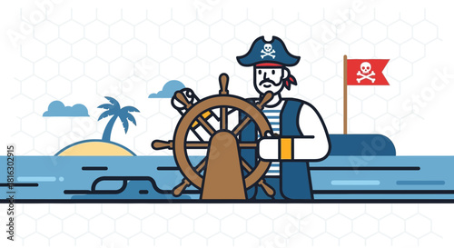 Pirate captain steering ship illustration, vintage sea adventure and exploration concept