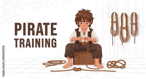 Pirate in training, learning how to tie nautical knots for sailing and maritime tasks on a ship