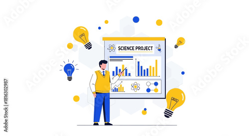 Presentation of a science project with graphs and data, surrounded by lightbulbs representing