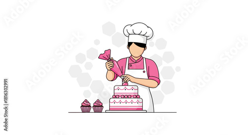 Professional baker meticulously decorating a beautiful tiered cake with icing detail