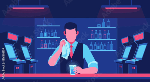 Illustration of a bartender cleaning a glass at a retro arcade bar with neon lights and games