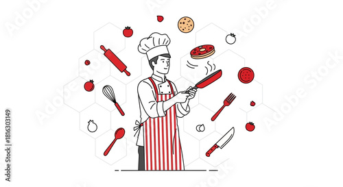 Illustration of a chef surrounded by kitchen utensils and food ingredients concept