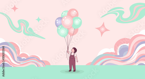 Illustration of a child holding balloons in a dreamy pastel landscape artwork