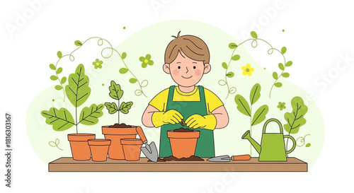 Illustration of a child gardening with plants, pots and gardening tools in a cheerful setting