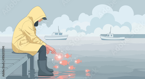 Illustration of a contemplative fisherman releasing glowing fish into the water at dusk