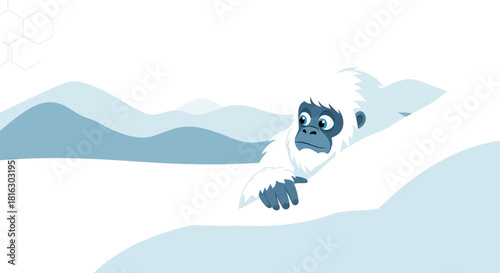 Illustration of a cute yeti peeking over a snowy hill with mountain background