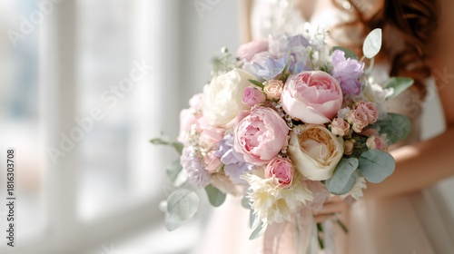Bride holding a beautiful pastel wedding bouquet of peonies and roses.