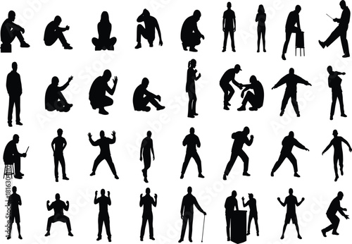 Mega collection of 35 diverse black silhouette vector figures performing unique, dramatic, and expressive poses, symbolizing human emotion, interaction, action,