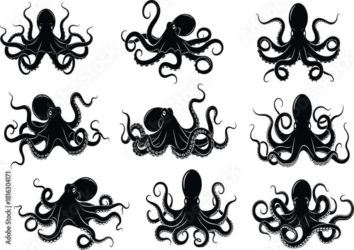 Detailed Black Octopus Silhouettes Vector Set Showing Various Poses with Tentacles for Ocean Life, Sea Monster, Marine Biology, and Aquatic Creature Design Projects.