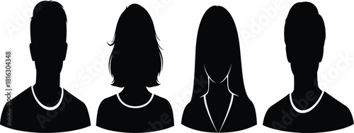 Set of four black silhouette icons representing male and female default user avatars, ideal for social media profiles, login pages, and anonymous corporate employee identification.