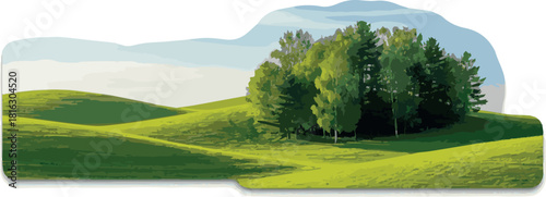 Create landscape with green grass hills and trees with sky isolated on white or transparent on white background.