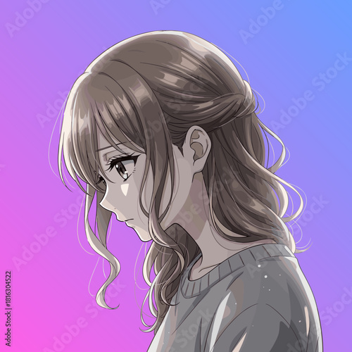 Cute anime girl half body, with melancholic expression