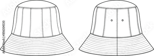 Technical fashion flat drawing of a classic bucket hat featuring a seamed crown, stitched brim, and ventilation eyelets, presented in both front and back views for design template.