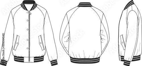 Technical fashion flat drawing of a classic varsity bomber jacket featuring raglan sleeves, ribbed cuffs, striped collar, snap button closure, and front welt pockets in three views.