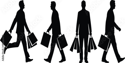 Vector silhouettes of men in suits carrying shopping bags, depicted in various poses (walking, running, standing), representing business, retail therapy, and commerce concepts on a white background.