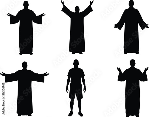 Vector silhouettes set featuring figures with arms raised, including robed spiritual or religious characters and men in casual sportswear, representing worship, celebration, and welcome.