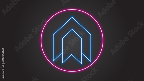 Bright blue neon geometric symbol glows inside a pink circle on a dark background as a modern digital illustration
