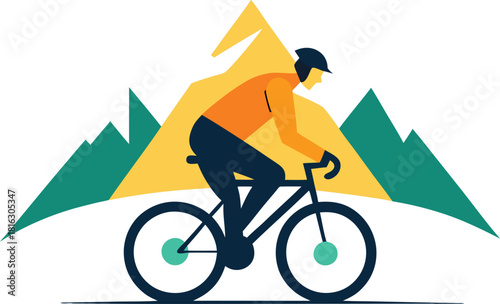A stylized illustration of a mountain biker riding in front of a geometric mountain range with a sunny yellow peak.