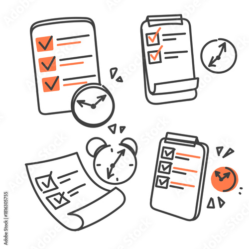 doodle check mark data clipboard and clock in hand drawn style
