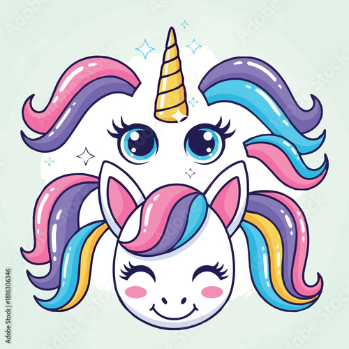  Create Set of unicorn creation kit. Collection of a magic unicorn constructor horn, eyes, ear, hairs for birthday party. Funny fairytale animal. Vector illustration of cartoon face pony. Drawing 