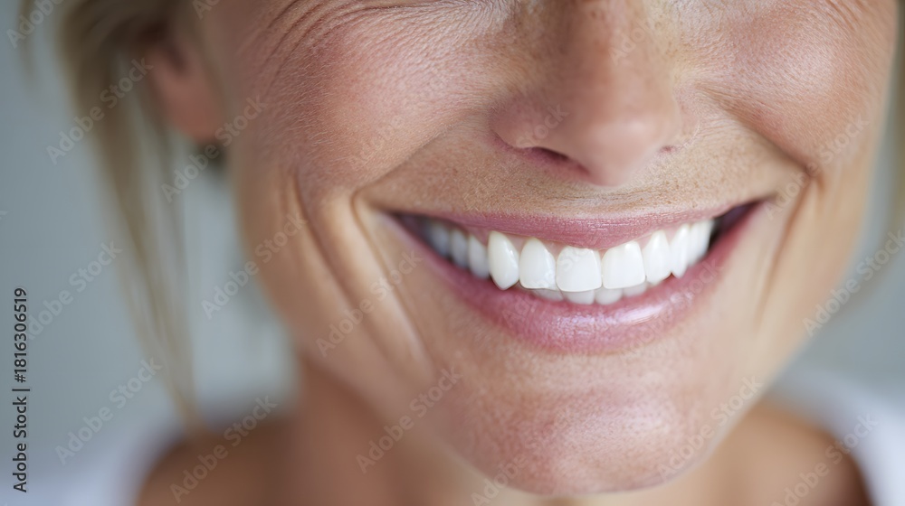 Obraz premium Close up of a mature woman with a beautiful white smile and wrinkles.