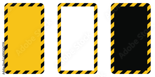 Warning Frame Vector Set with Yellow and Black Diagonal Stripes, Caution Tape Border, Rectangle Warn Frames on White Background