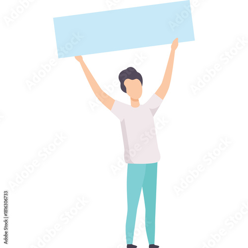 Person Holding Light Blue Blank Sign Overhead in White Background Wearing White T Shirt and Blue Pants