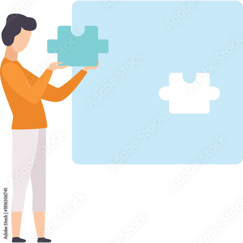 Person Holding a Teal Puzzle Piece in Front of a Light Blue Square with a White Puzzle Piece Outline Transparent Background Minimalist Flat Design