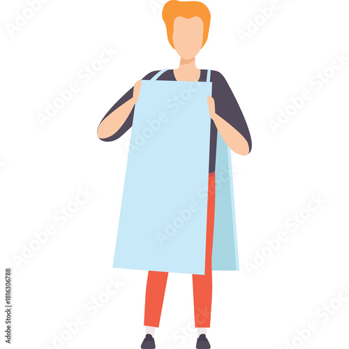 Person Holding Light Blue Apron with Orange Pants and Dark Blue Shirt Transparent Background