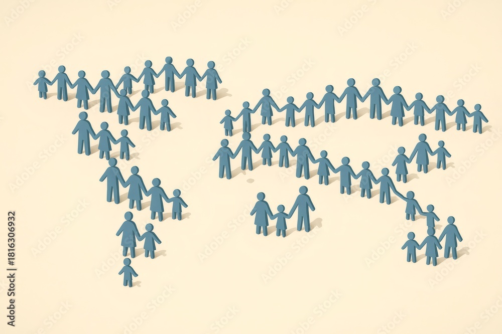 Naklejka premium Families of people holding hands, shaping the continents of a world map. Concept of global community, unity, and population dynamics