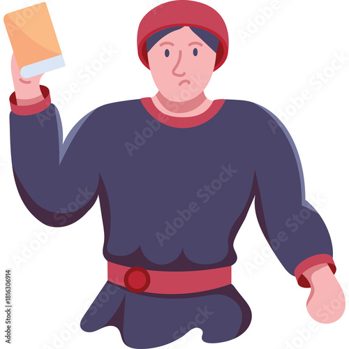 Person in dark blue shirt red belt and red cap holding yellow card referees decision football soccer game competition sport punishment rules judgment